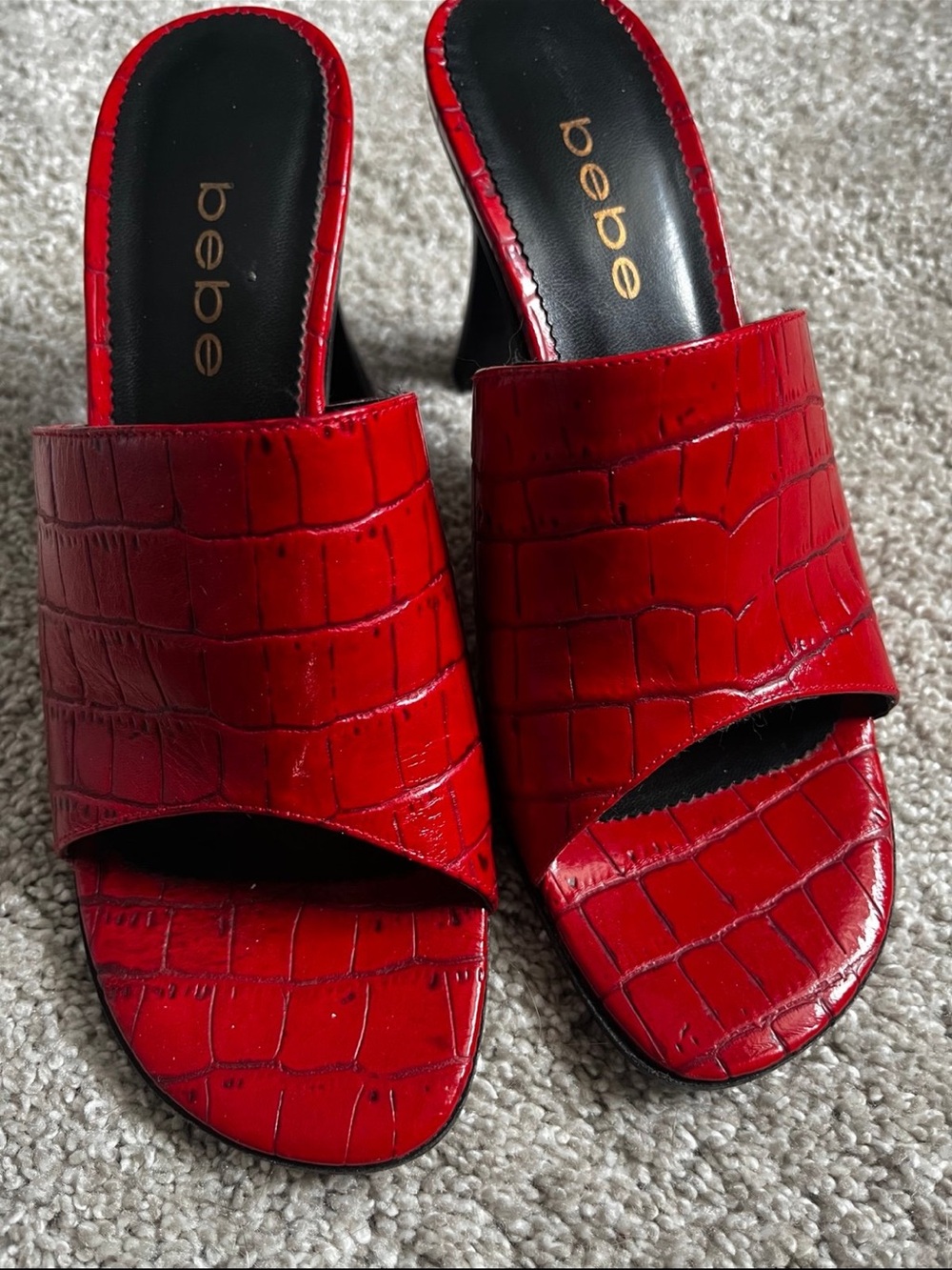 bebe Red Croc-Embossed Open-Toe Slide Heels